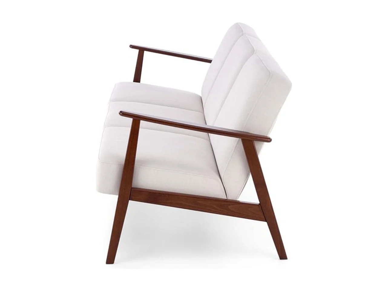 Canapé 3 places rétro en tissu beige clair et pied en bois Franky