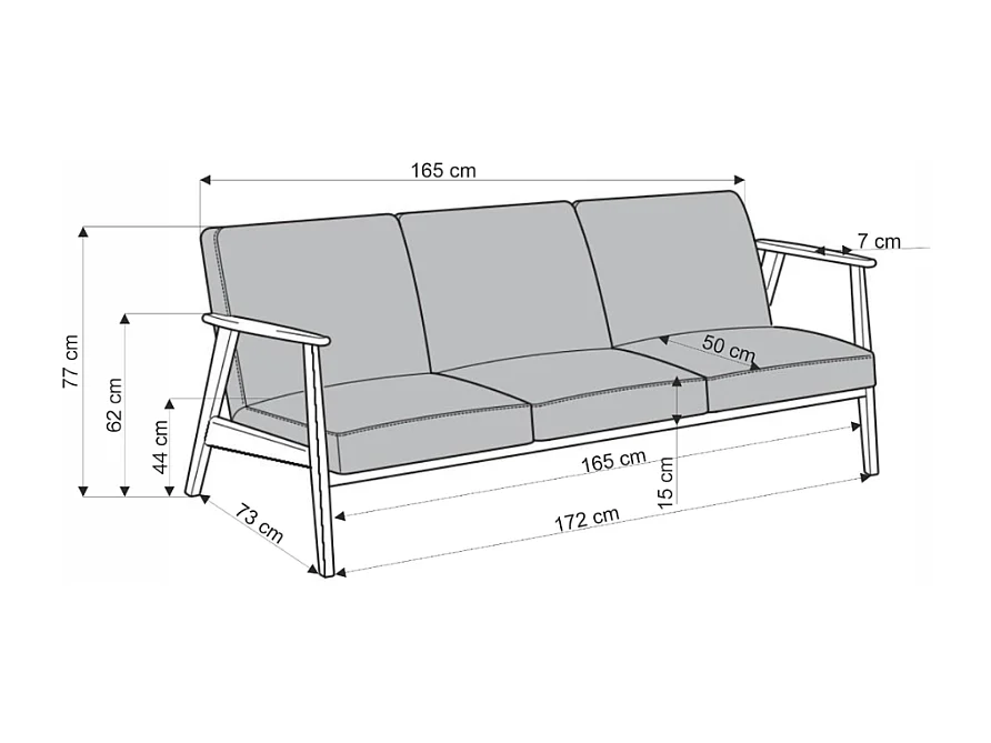 Canapé 3 places rétro en tissu beige clair et pied en bois Franky