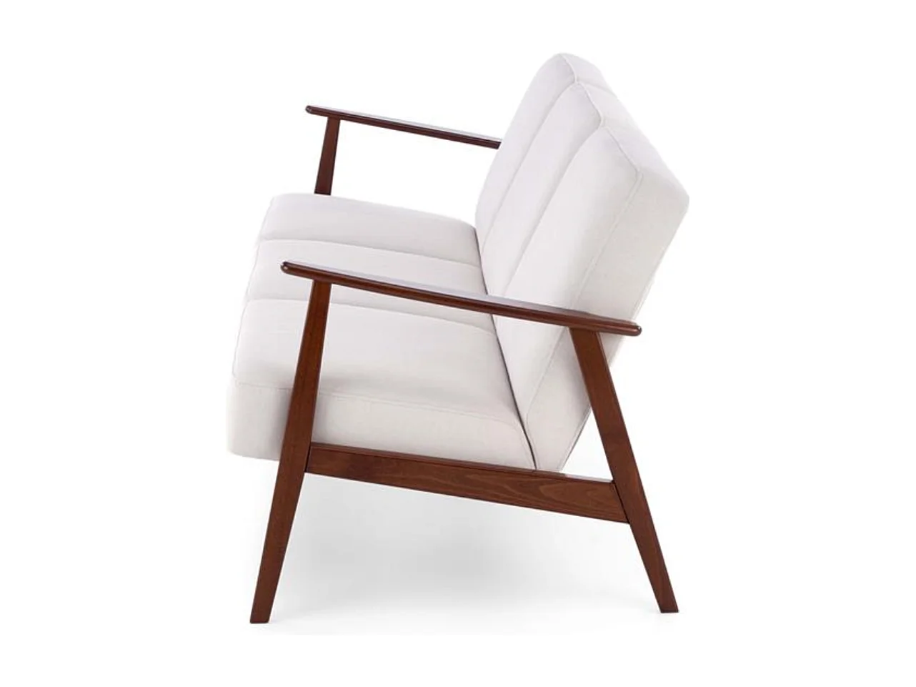 Canapé 3 places rétro en tissu beige clair et pied en bois Franky