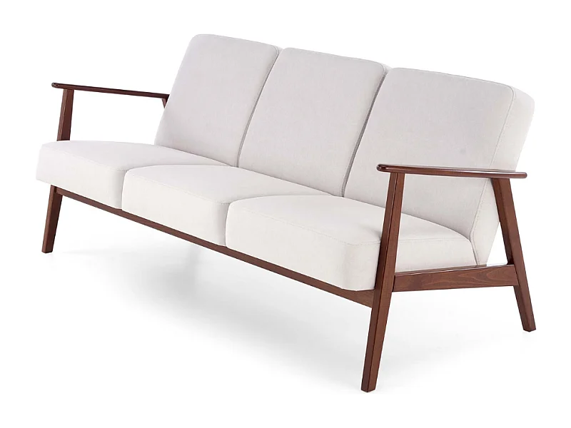 Divano retrò a 3 posti in tessuto beige chiaro e gambe in legno Franky