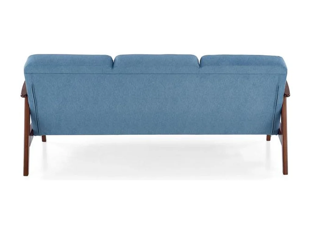 Divano retrò a 3 posti in tessuto blu e gambe in legno Franky
