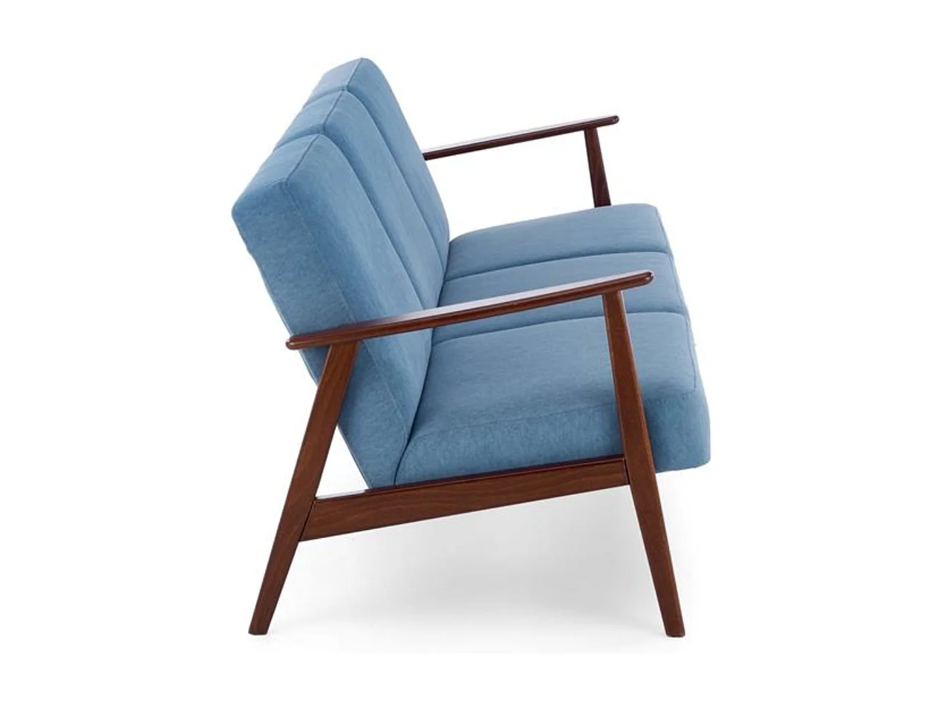 Sofá retro de 3 plazas en tela azul y patas de madera Franky