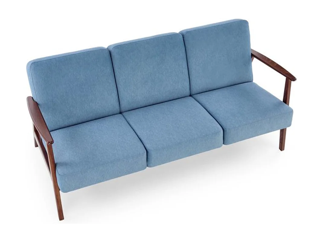 Sofá retro de 3 plazas en tela azul y patas de madera Franky
