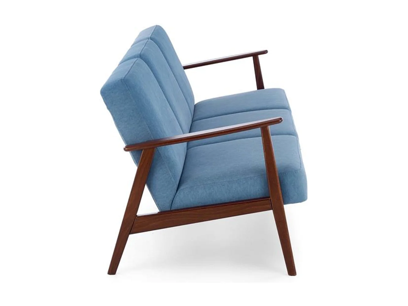 Sofá retro de 3 plazas en tela azul y patas de madera Franky