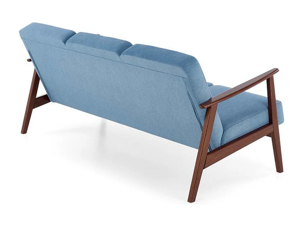 Sofá retro de 3 plazas en tela azul y patas de madera Franky
