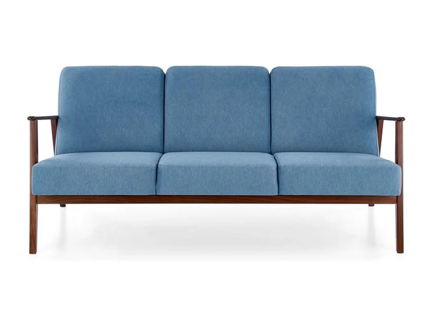 Sofá retro de 3 plazas en tela azul y patas de madera Franky