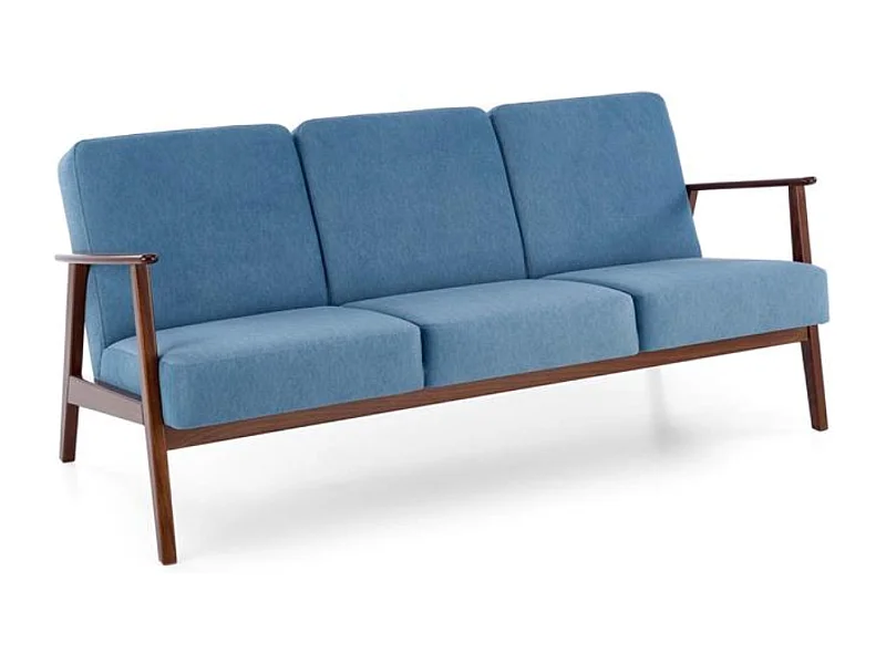 Sofá retro de 3 plazas en tela azul y patas de madera Franky
