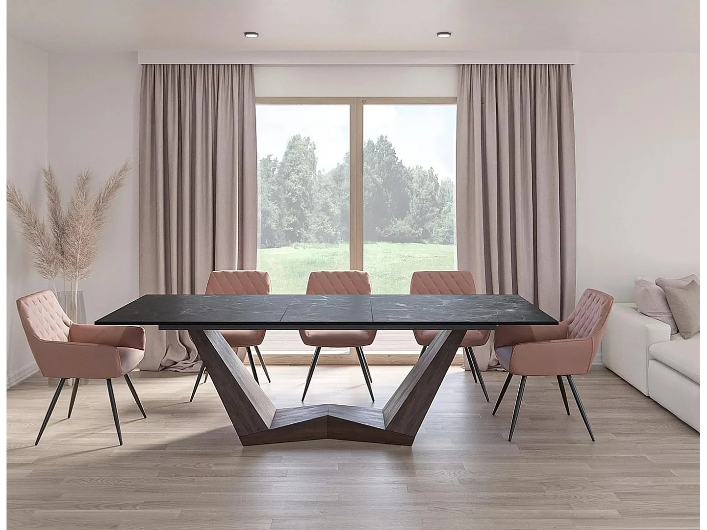 Table à manger extensible avec plateau en céramique aspect marbre noir Stunt