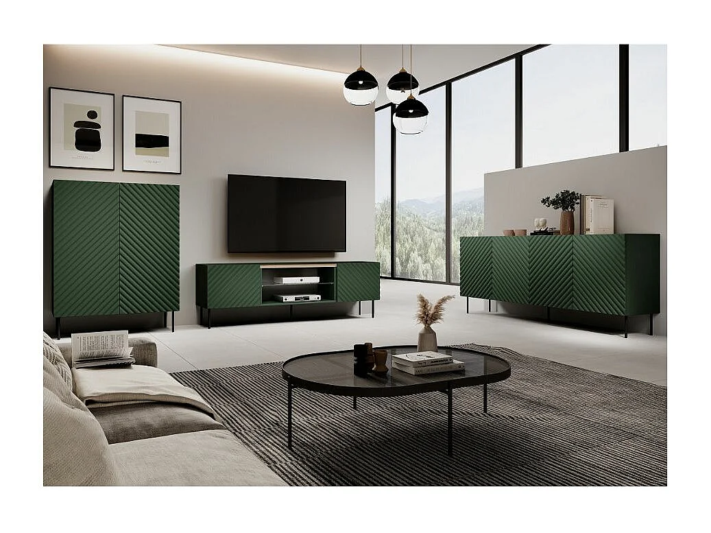 Credenza a 2 ante e 2 cassetti in legno e verde Emile
