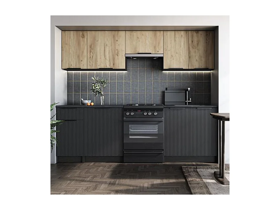 Cuisine 240 cm style chêne et noir charbon Justin