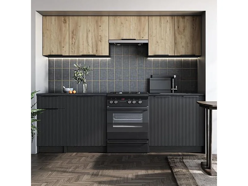 Cuisine 240 cm style chêne et noir charbon Justin