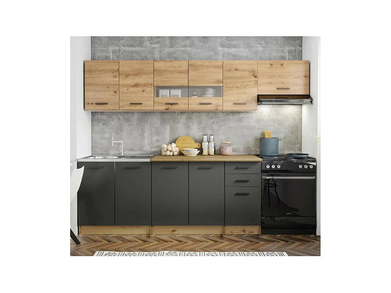 Cuisine complète 260cm avec décor gris et chêne Filly