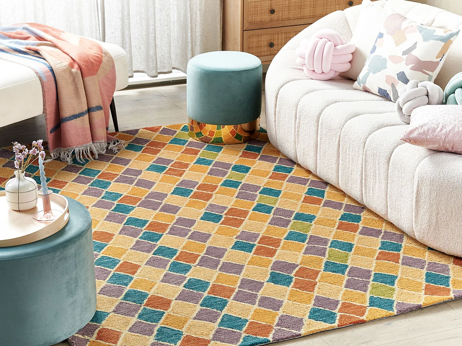 Teppich Wolle bunt mit kariertem Muster quadratisch 200 x 200 cm Modern Keskin