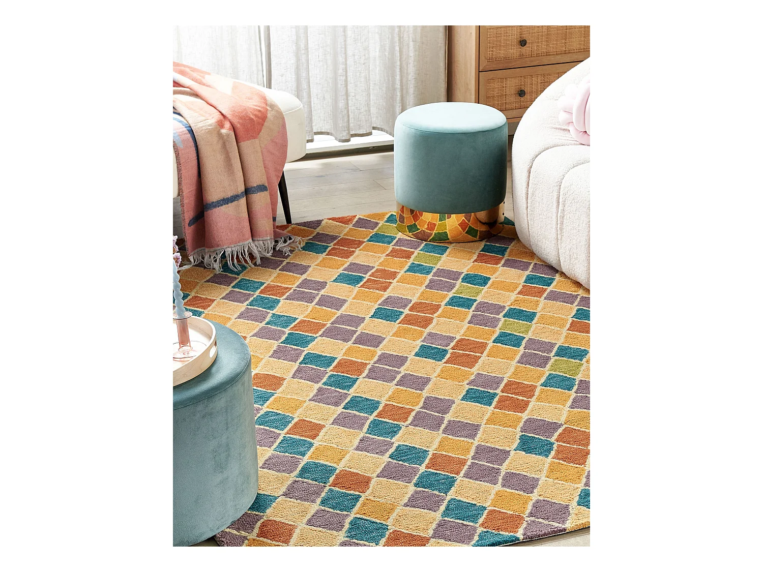 Teppich Wolle bunt mit kariertem Muster quadratisch 200 x 200 cm Modern Keskin