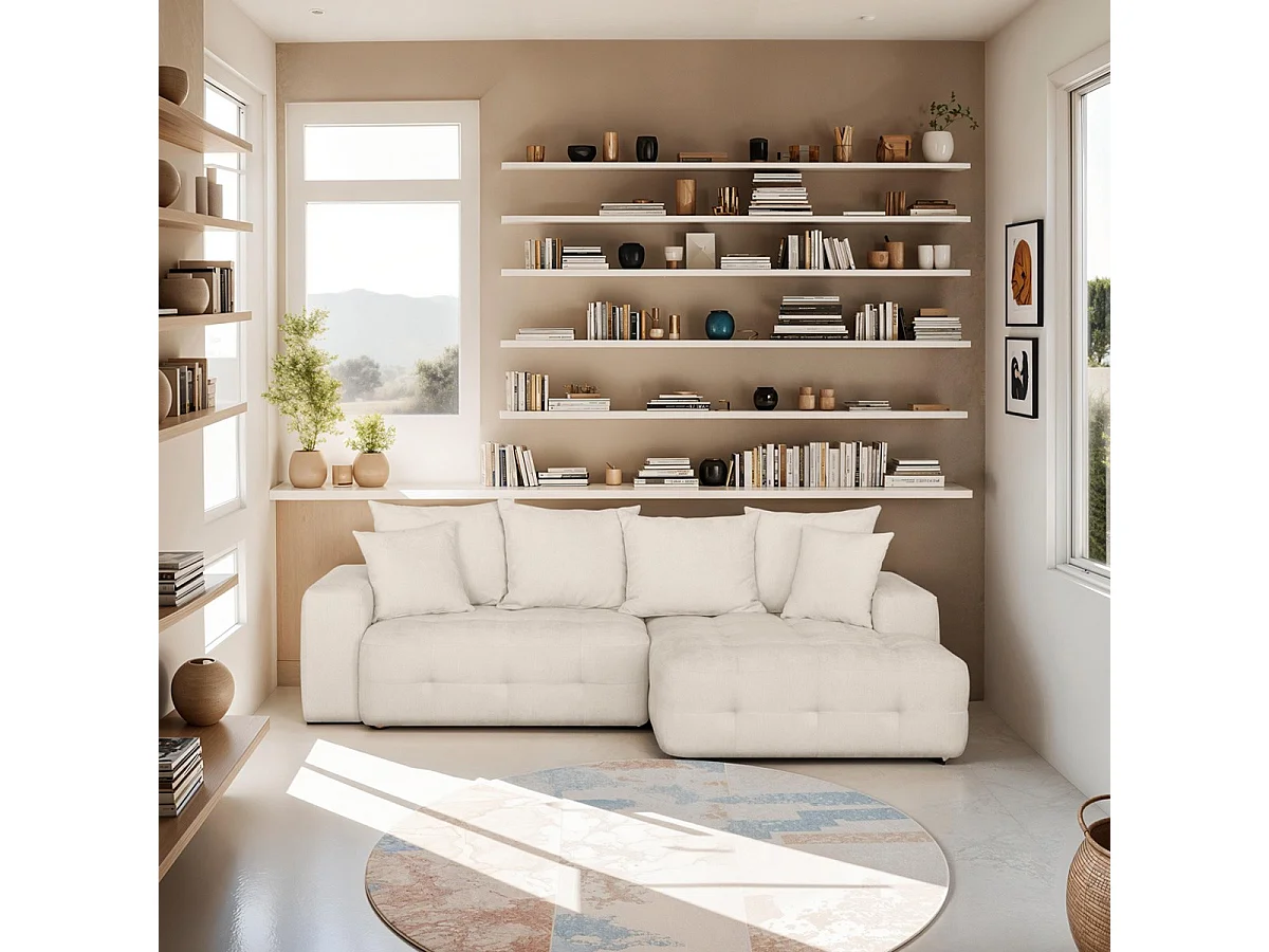 Canapé d'angle à droite convertible 4 places avec coffre de rangement en tissu chenille beige - Léo