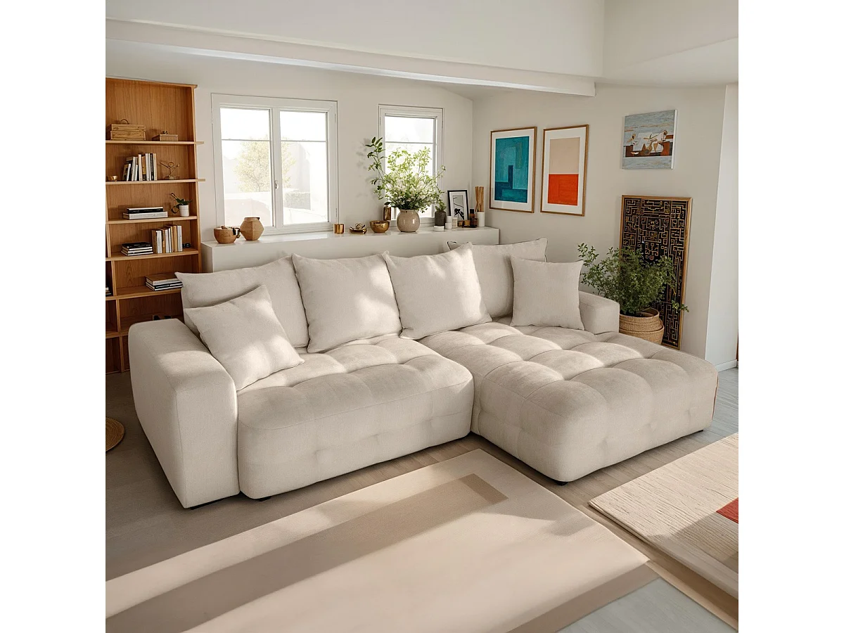Canapé d'angle à droite convertible 4 places avec coffre de rangement en tissu chenille beige - Léo