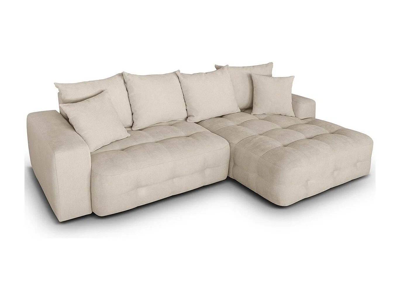 Canapé d'angle à droite convertible 4 places avec coffre de rangement en tissu chenille beige - Léo