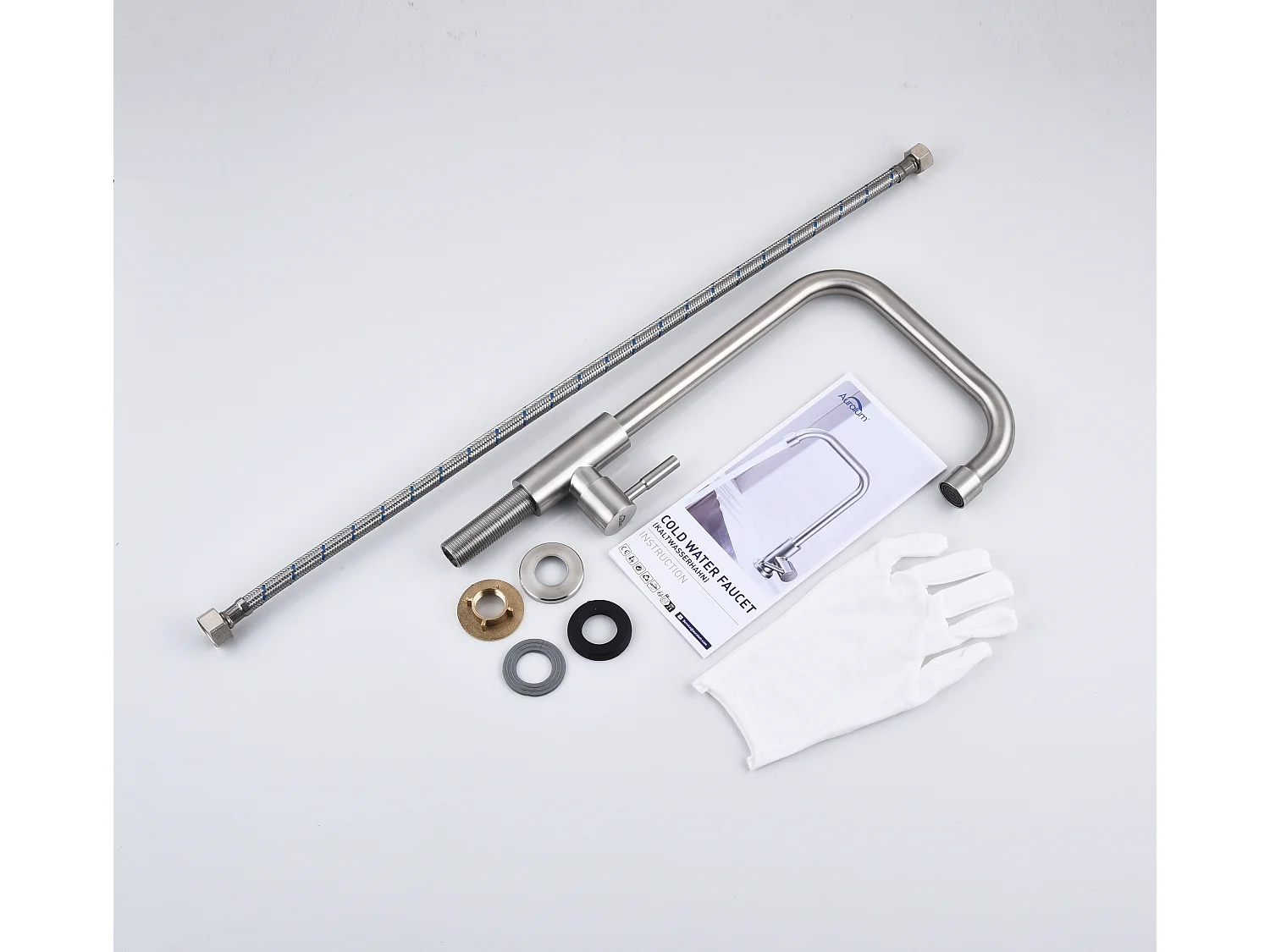 Küchenarmatur mit Kaltwasser-Spültischarmatur mit flexiblem Anschluss, 360° schwenkbar, Küchenarmatur mit Auslaufhöhe 350 mm, gebürstet