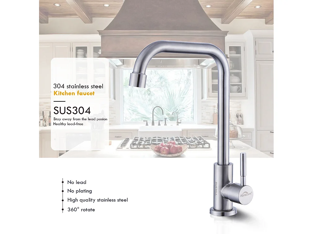 Robinet Cuisine avec Eau Froide Mitigeur Evier avec Flexible Raccordement,Pivotant à 360°, Mitigeur Cuisine avec Bec Hauteur 350 mm,Brossé