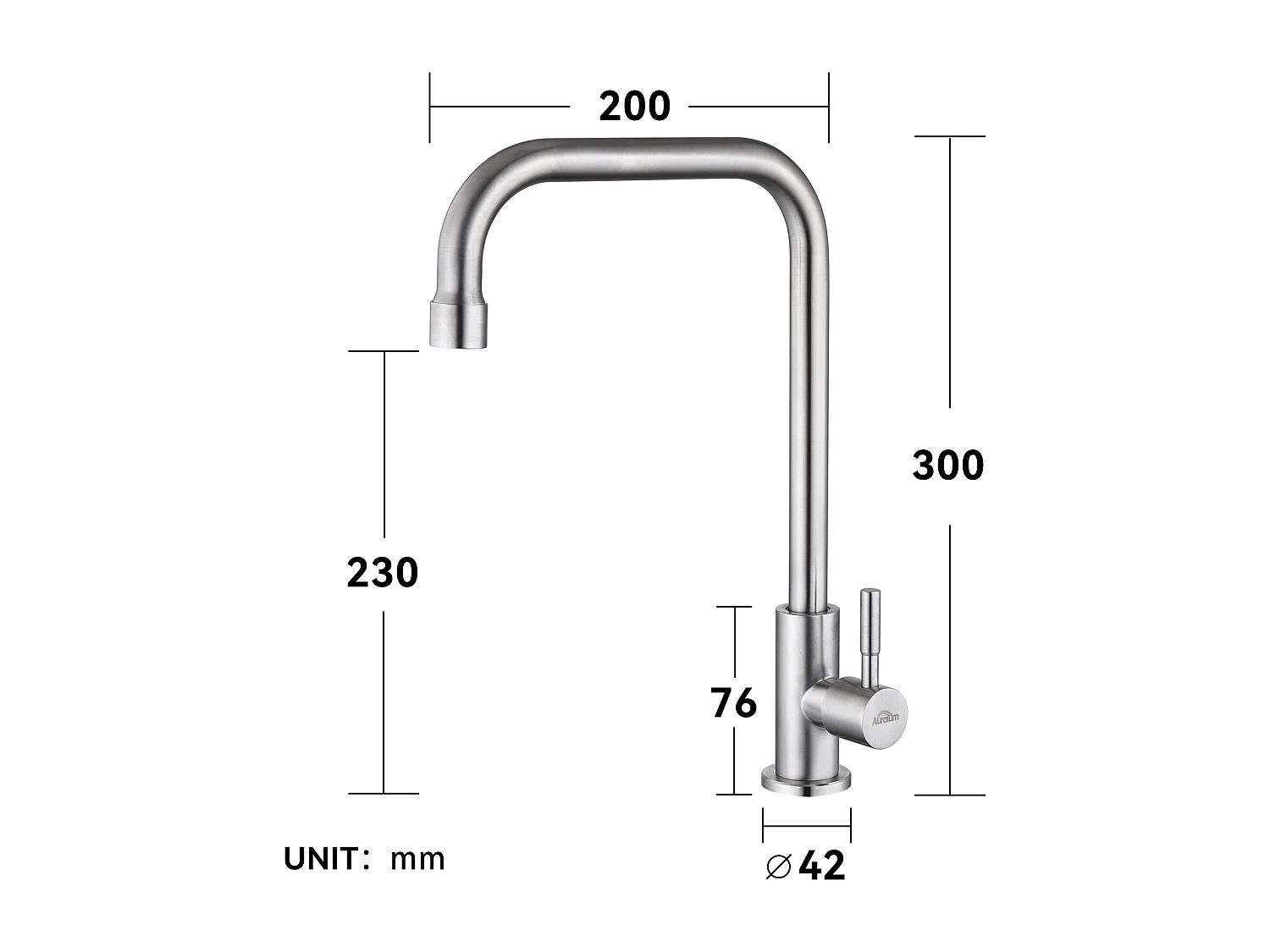 Robinet Cuisine avec Eau Froide Mitigeur Evier avec Flexible Raccordement,Pivotant à 360°, Mitigeur Cuisine avec Bec Hauteur 350 mm,Brossé