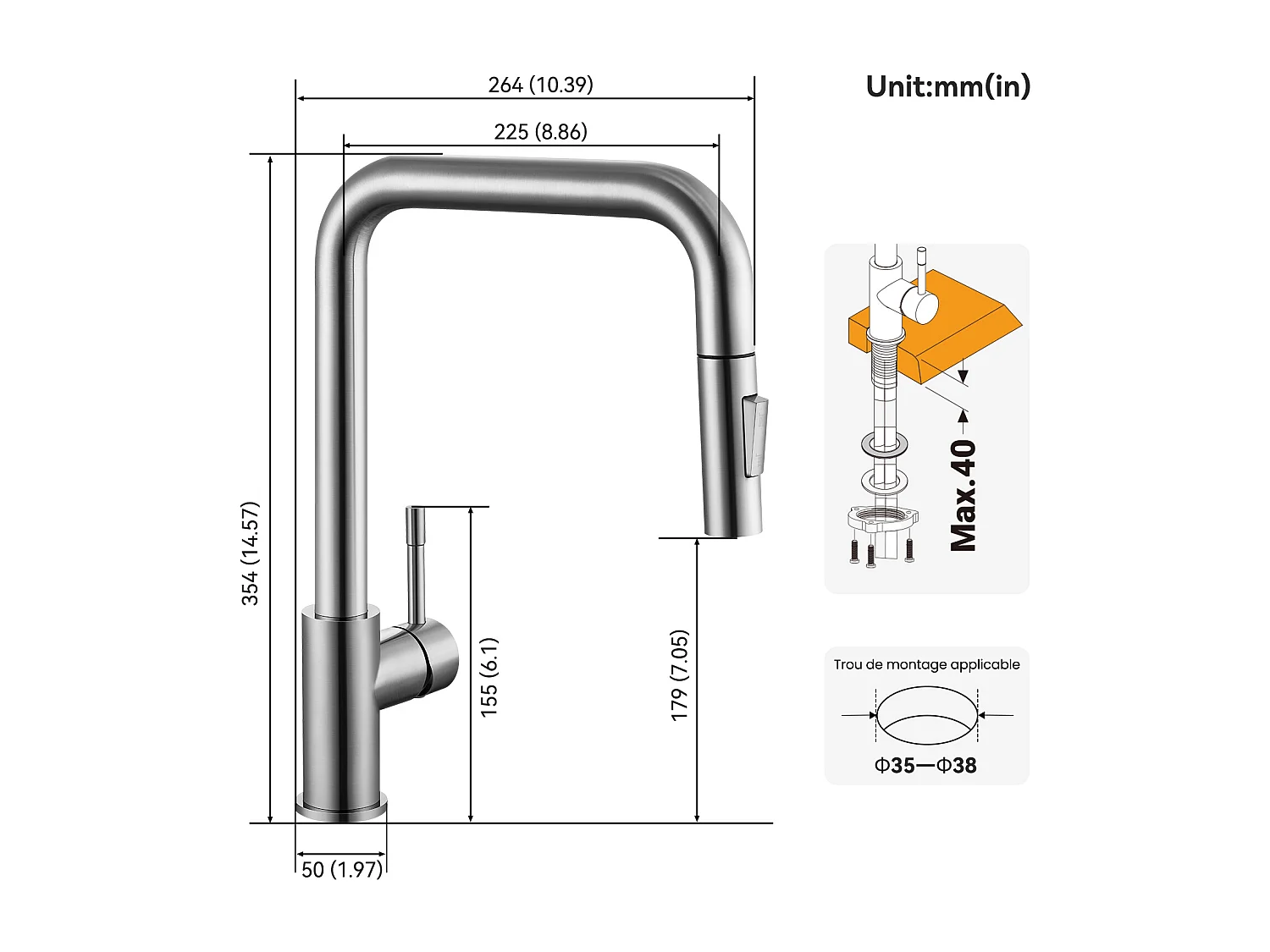 Miscelatore Cucina con Doccia Estraibile Cecipa max - Rubinetto in Acciaio Inox Girevole a 360° - Rubinetto con Gorgogliatore Estraibile - Spazzolato,Modello EU