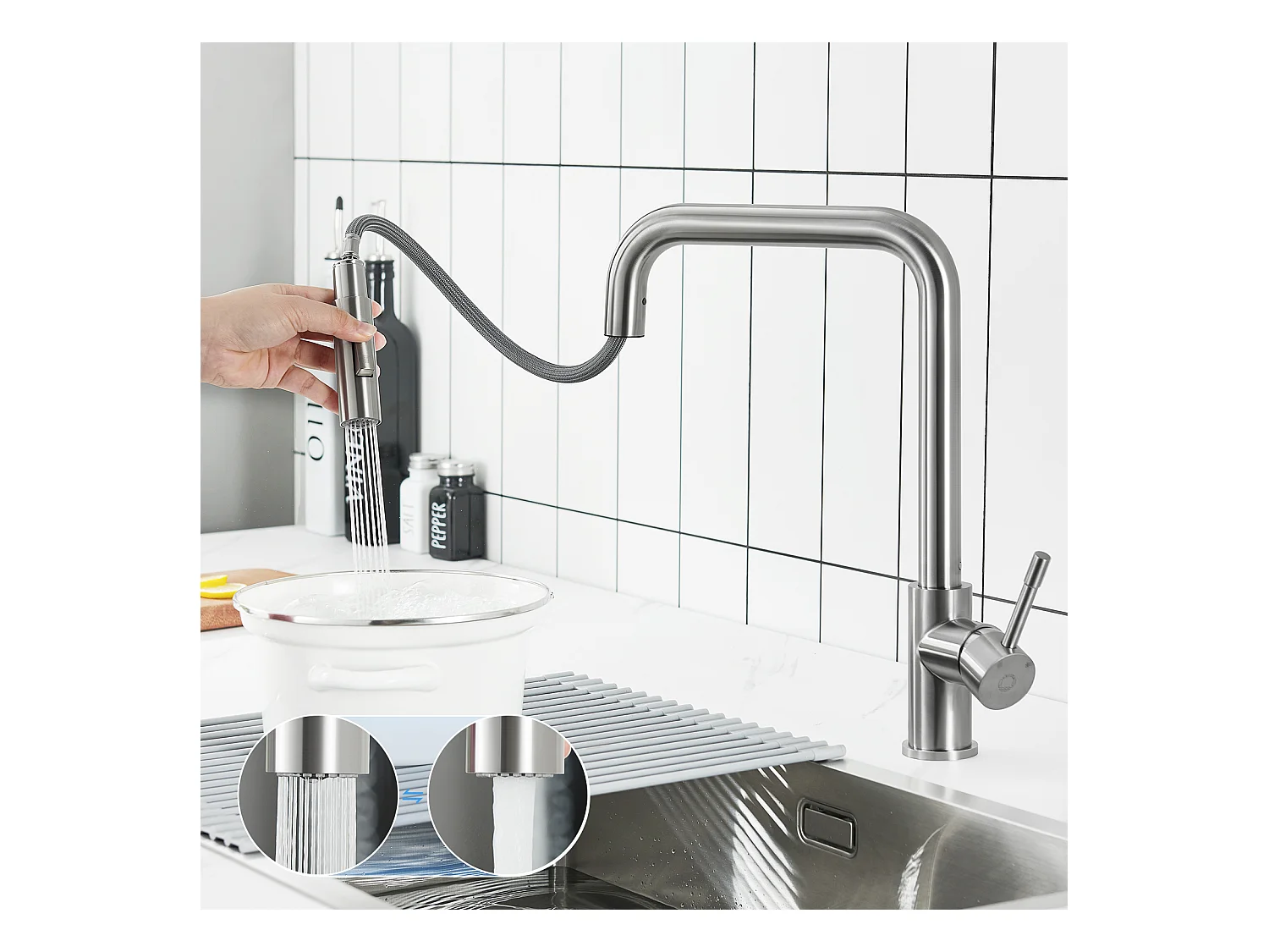 Keukenmengkraan met uittrekbare spray Cecipa max - 360° draaibare roestvrijstalen kraan - kraan met verwijderbare bubbler - geborsteld, EU-model