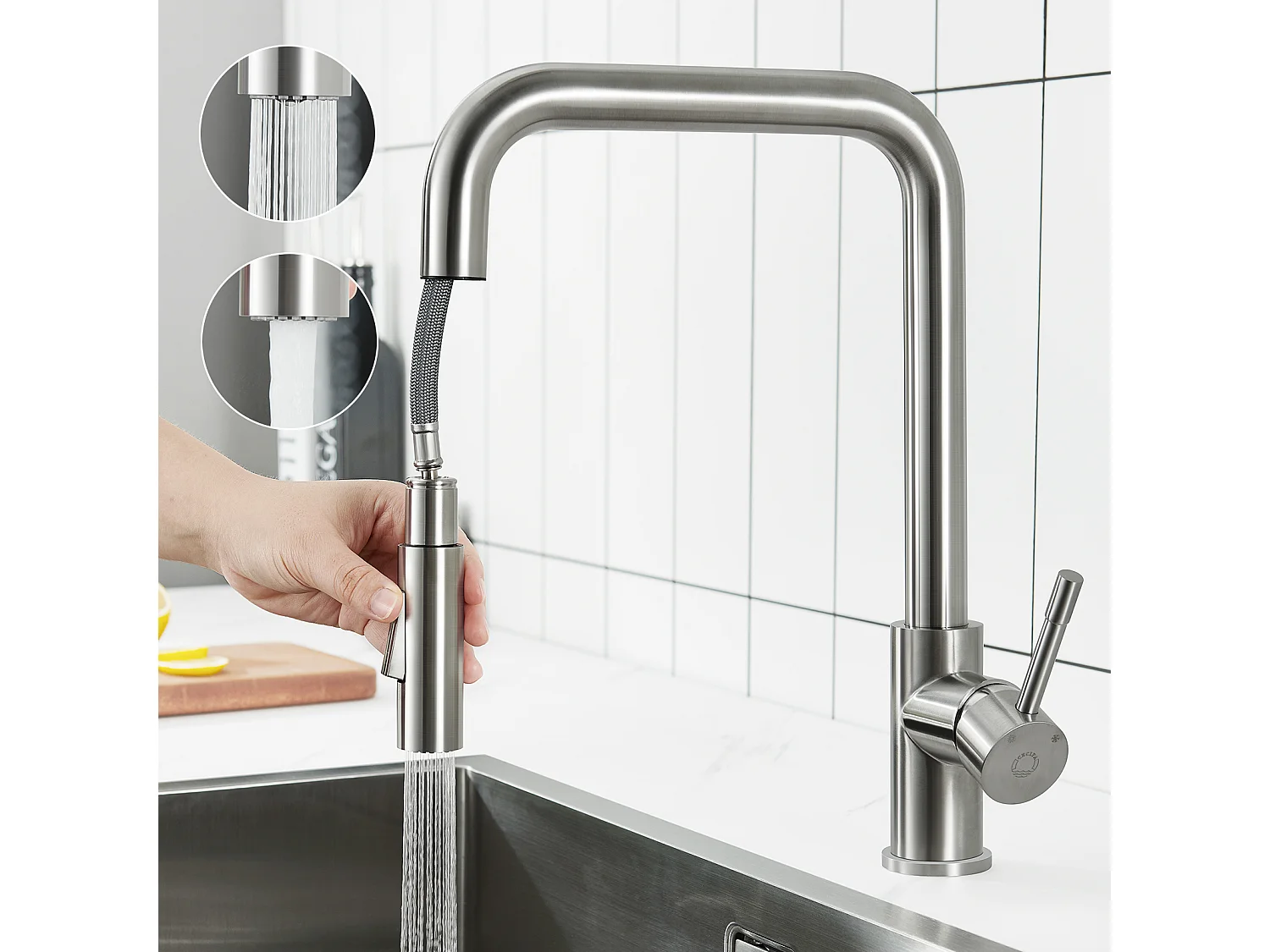 Keukenmengkraan met uittrekbare spray Cecipa max - 360° draaibare roestvrijstalen kraan - kraan met verwijderbare bubbler - geborsteld, EU-model