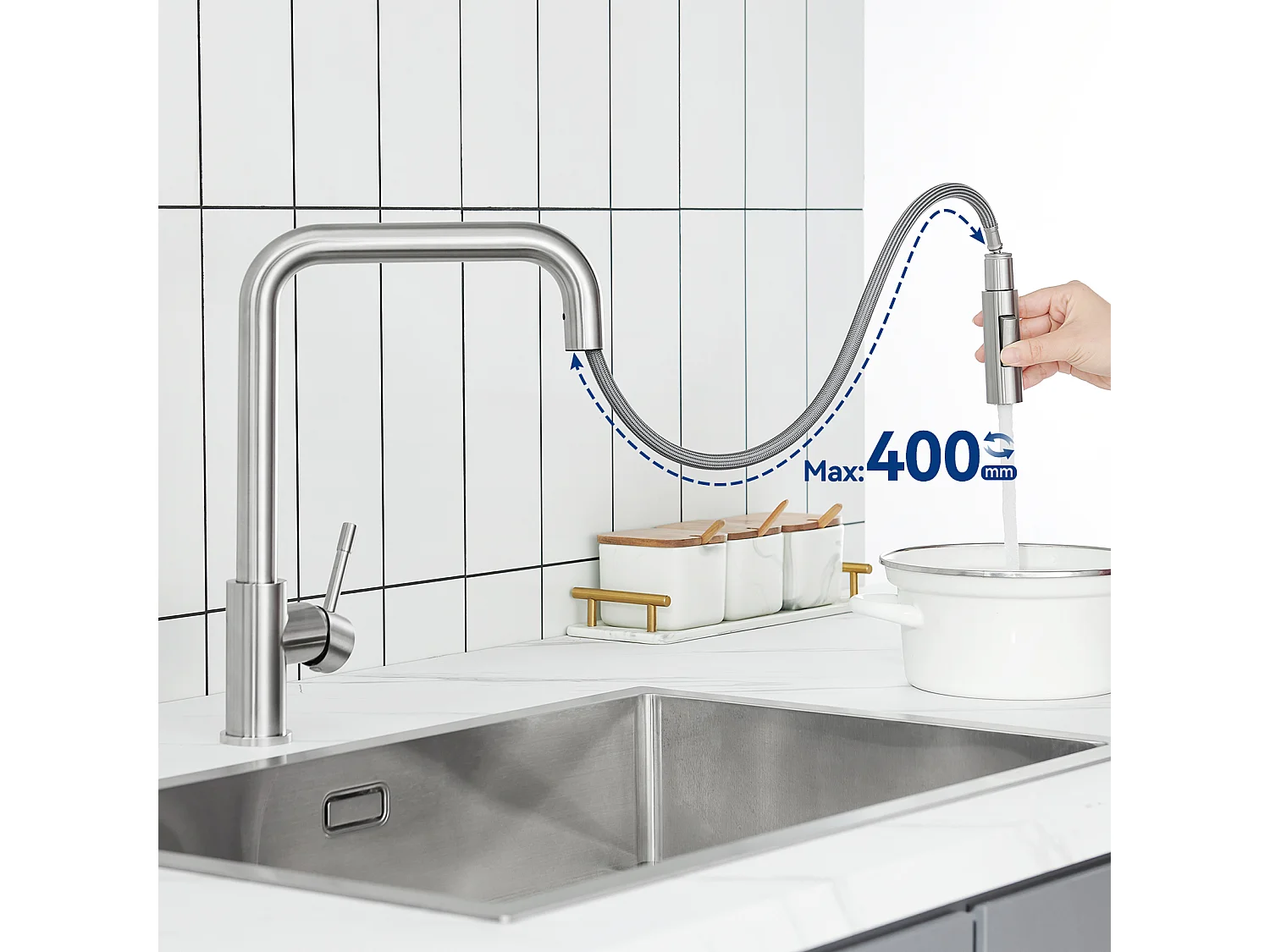 Keukenmengkraan met uittrekbare spray Cecipa max - 360° draaibare roestvrijstalen kraan - kraan met verwijderbare bubbler - geborsteld, EU-model