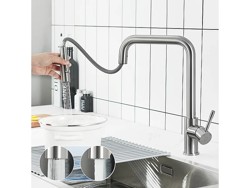 Keukenmengkraan met uittrekbare spray Cecipa max - 360° draaibare roestvrijstalen kraan - kraan met verwijderbare bubbler - geborsteld, EU-model