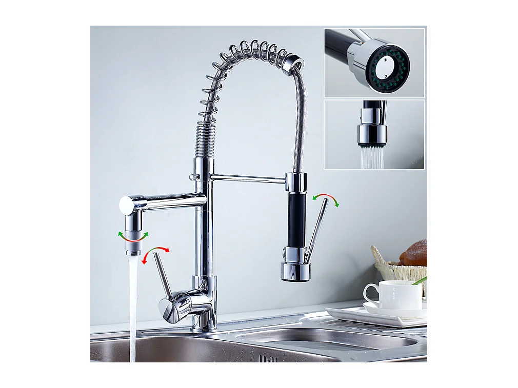 2pcs Rubinetto Cucina Miscelatore con Doccia Estraibile Moderno Becco Alto In Ottone Rotante 360°Rubinettia Retrattile Lavello 2 Jets Rubinetto