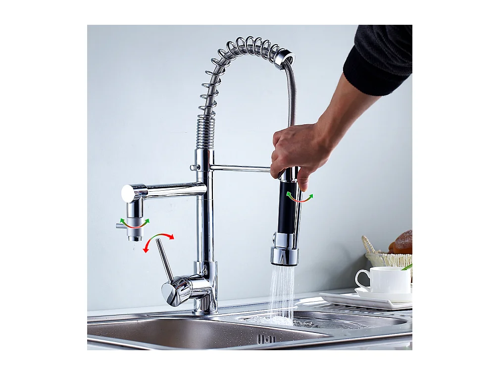 2pcs Rubinetto Cucina Miscelatore con Doccia Estraibile Moderno Becco Alto In Ottone Rotante 360°Rubinettia Retrattile Lavello 2 Jets Rubinetto