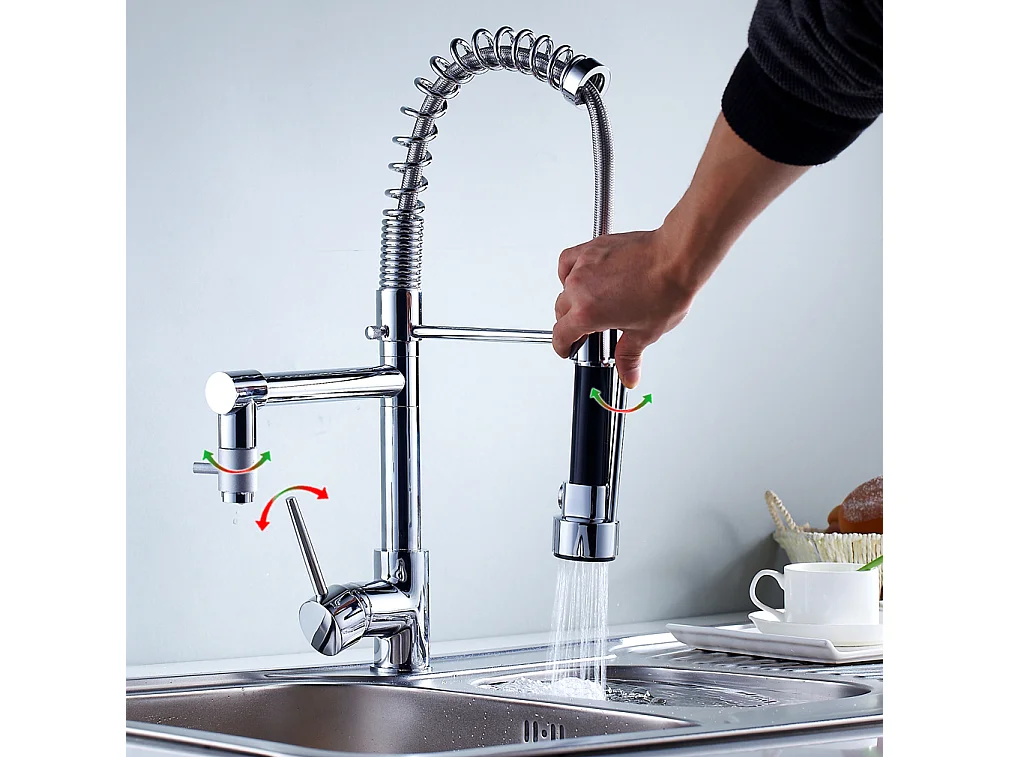 2pcs Robinet Cuisine Mitigeur avec Douchette Extractible Moderne Bec Haut en Laiton Rotatif 360°Robinetterie Rétractable évier 2 Jets Robinet