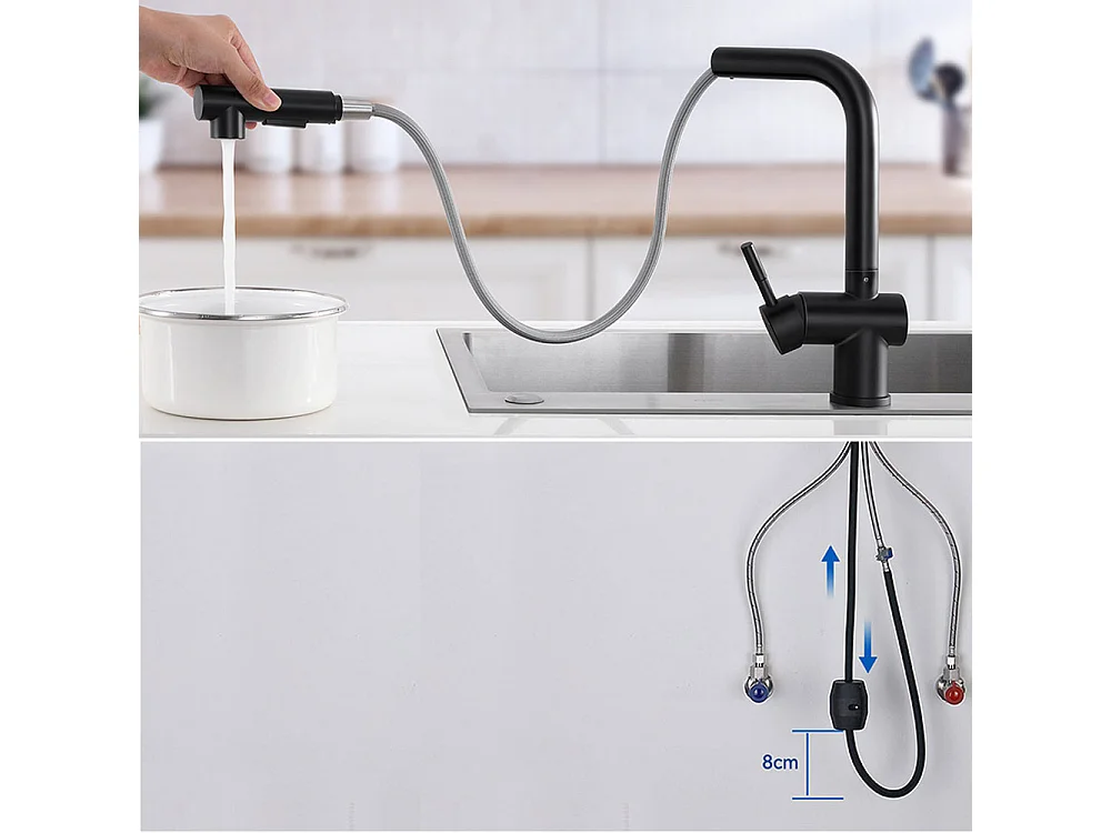 2pcs Miscelatore Cucina Nero Doccia Rubinetto Doccia Lavello Estraibile 2Jets,Beccuccio Alto,Girevole A 360°,Acciaio Inox,Modello UE