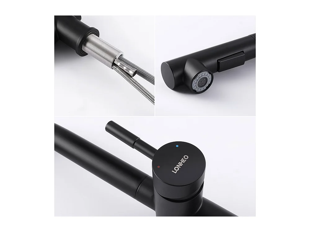 2pcs Mitigeur Cuisine Noir Douchette Robinet Douchette évier Extractible 2 Jets Mitigeur Bec Pivotant 360° Acier Inox Barboteur Démotable,EU Modèle