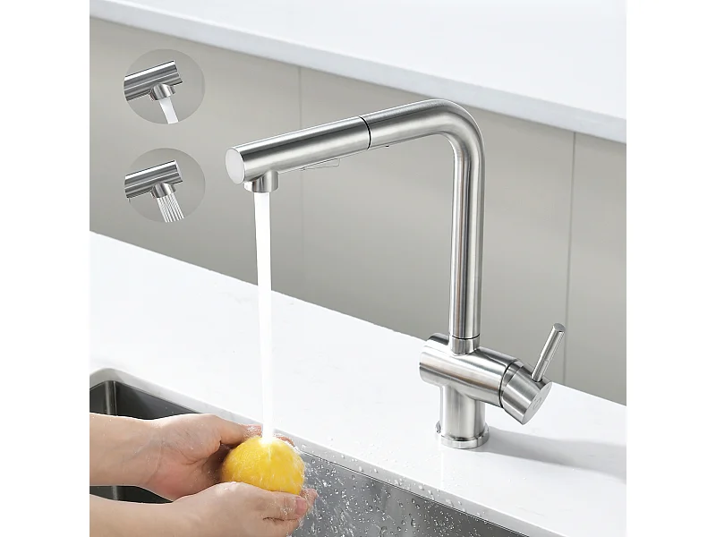 Cecipa max geborstelde keukenmengkraan met uittrekbare spray keukenkranen 2 spuitmodi in roestvrij staal, EU-model