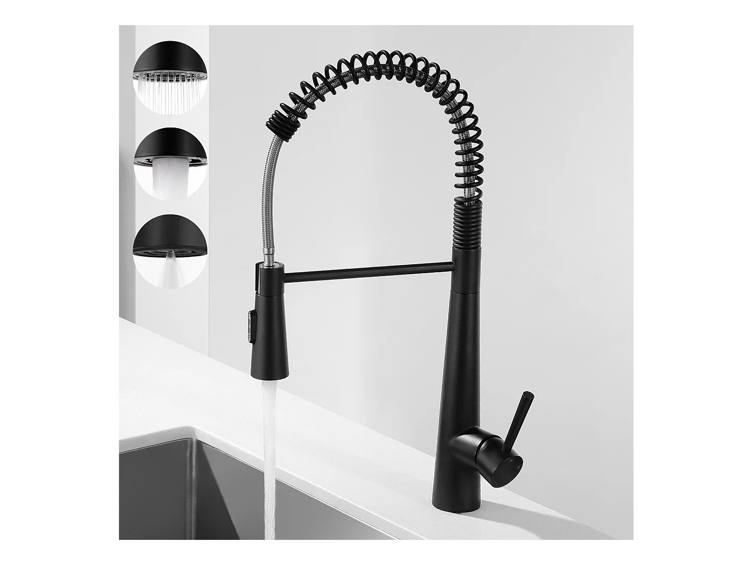 Mitigeur Cuisine à Ressort Cecipa max avec 3 Modes de Sortie D'eau - Mitigeur de Evier Noir avec Douchette Extractible Pivotant à 360°,EU Modèle