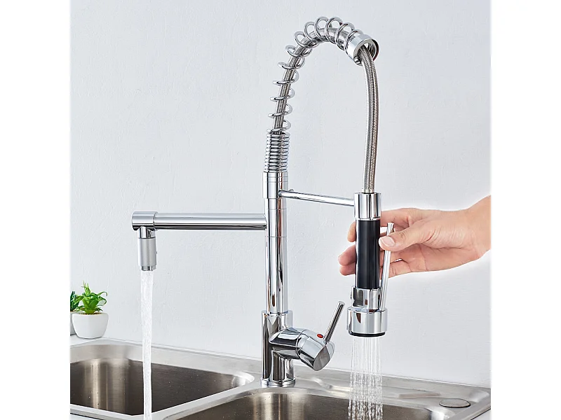 Mitigeur Cuisine avec Douchette Extractible Chromé,Robinet évier Moderne Laiton,Rotatif 360°,Robinetterie Rétractable,Robinet Cuisine 2 Jets