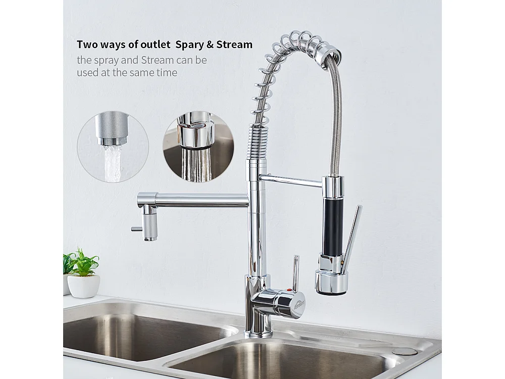 Mitigeur Cuisine avec Douchette Extractible Chromé,Robinet évier Moderne Laiton,Rotatif 360°,Robinetterie Rétractable,Robinet Cuisine 2 Jets
