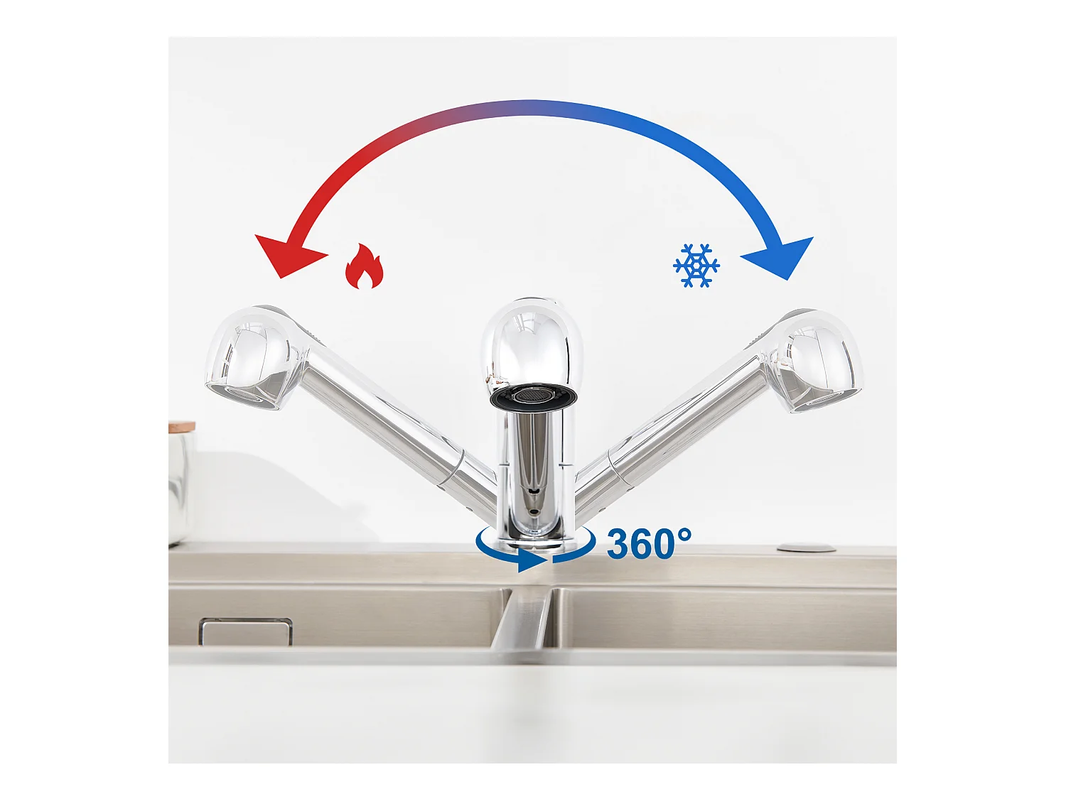 Mitigeur de Cuisine ,Chromé Extractible,Robinet Cuisine avec Douchette, Mitigeur Evier Bec Bas, Robinet d'Évier Rotatif  360°,Eau Froide/Chaude