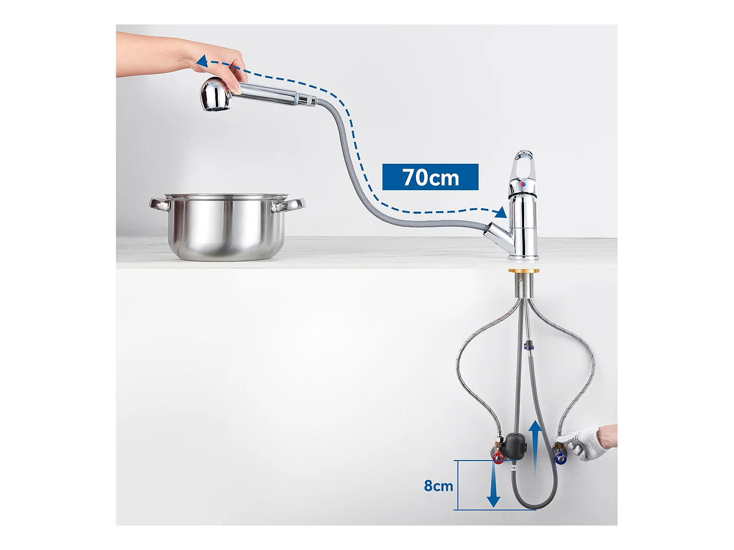 Mitigeur de Cuisine ,Chromé Extractible,Robinet Cuisine avec Douchette, Mitigeur Evier Bec Bas, Robinet d'Évier Rotatif  360°,Eau Froide/Chaude