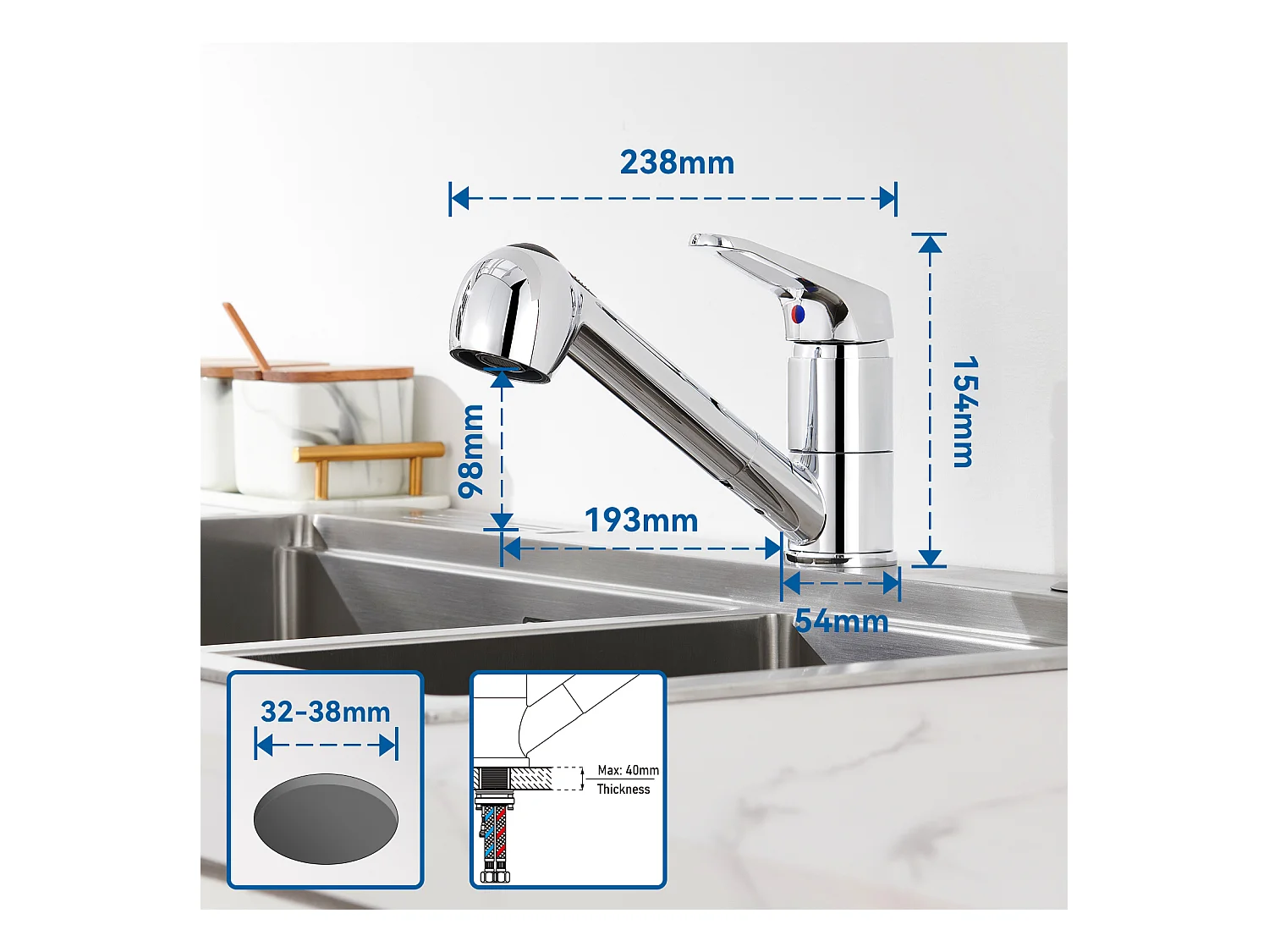 Mitigeur de Cuisine ,Chromé Extractible,Robinet Cuisine avec Douchette, Mitigeur Evier Bec Bas, Robinet d'Évier Rotatif  360°,Eau Froide/Chaude