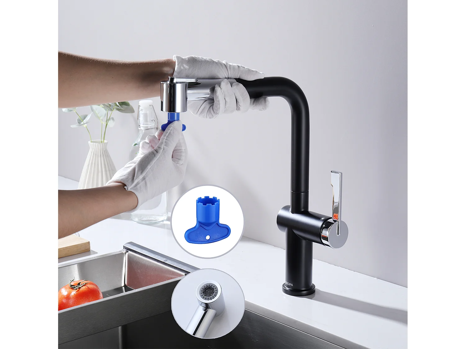 2PCS Cecipa max Mitigeur de Cuisine Extractible -  Robinet de Cuisine avec 2 modes de sortie d'eau - Robinet de Evier Noir + Galvanique,EU Modèle