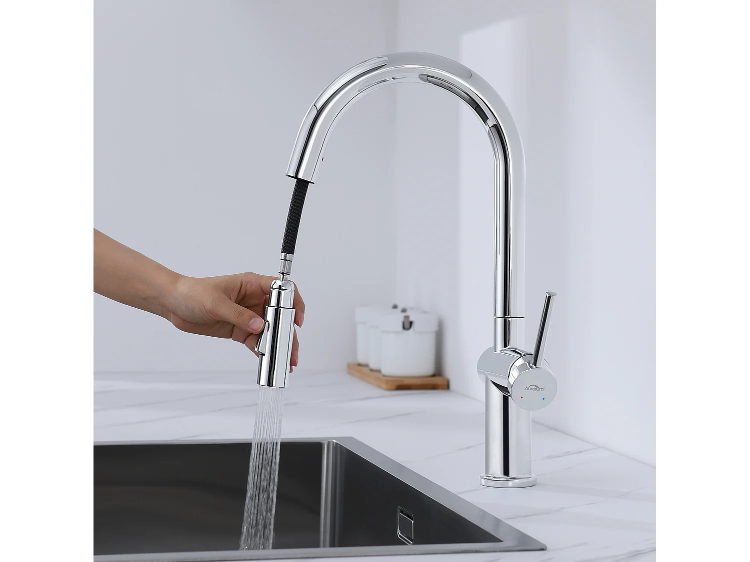 AuraLum Max Robinet Cuisine Douchette avec 2 Modes Pulvérisation,Mitigeur Cuisine avec Douchette Extractible Rotatif 360° ,Chrome,EU Modèle