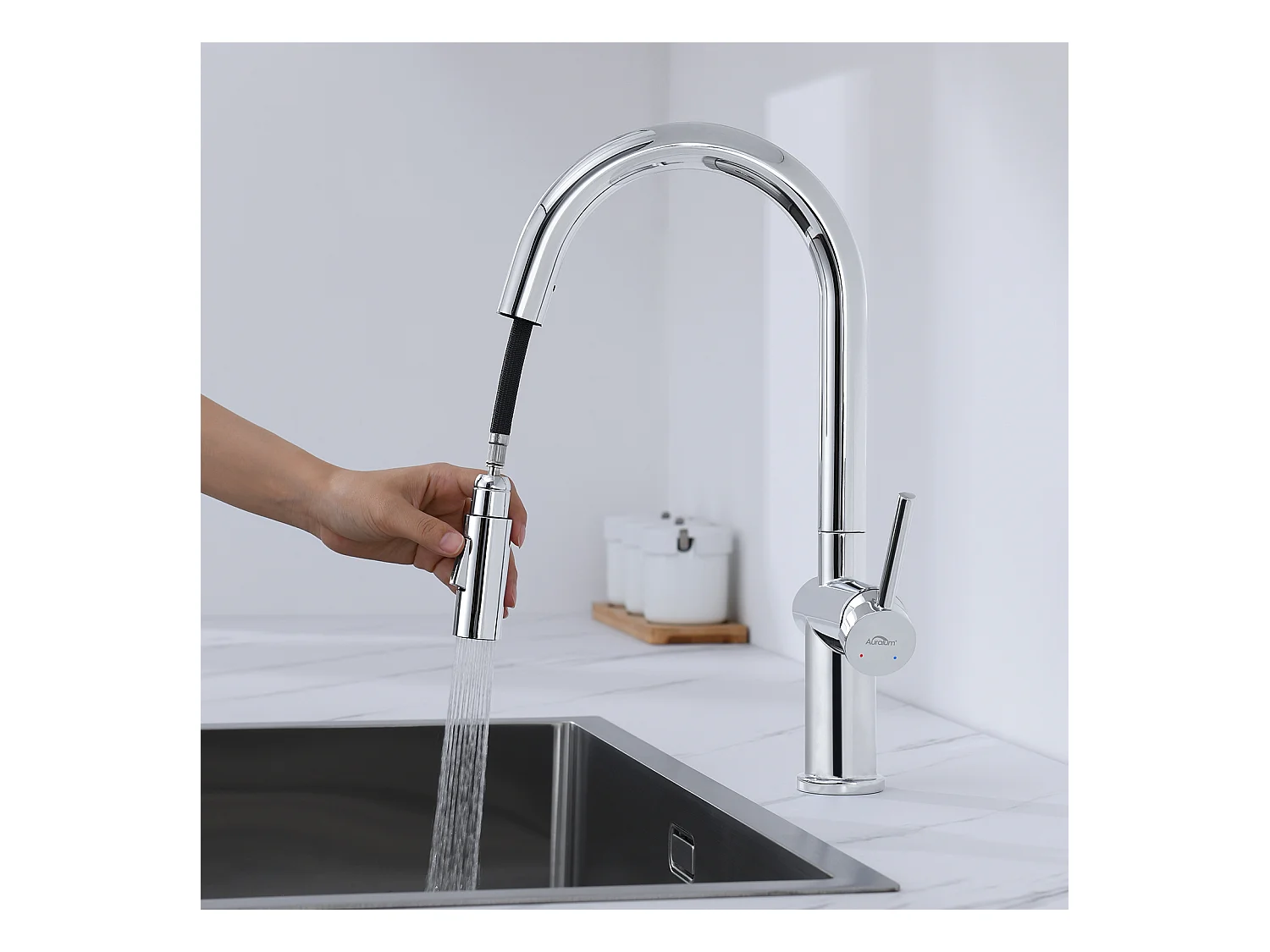 AuraLum Max Keukenkraan Handdouche met 2 sproeimodi, Keukenmengkraan met 360° draaibare uittrekbare douche,Chroom,EU Model