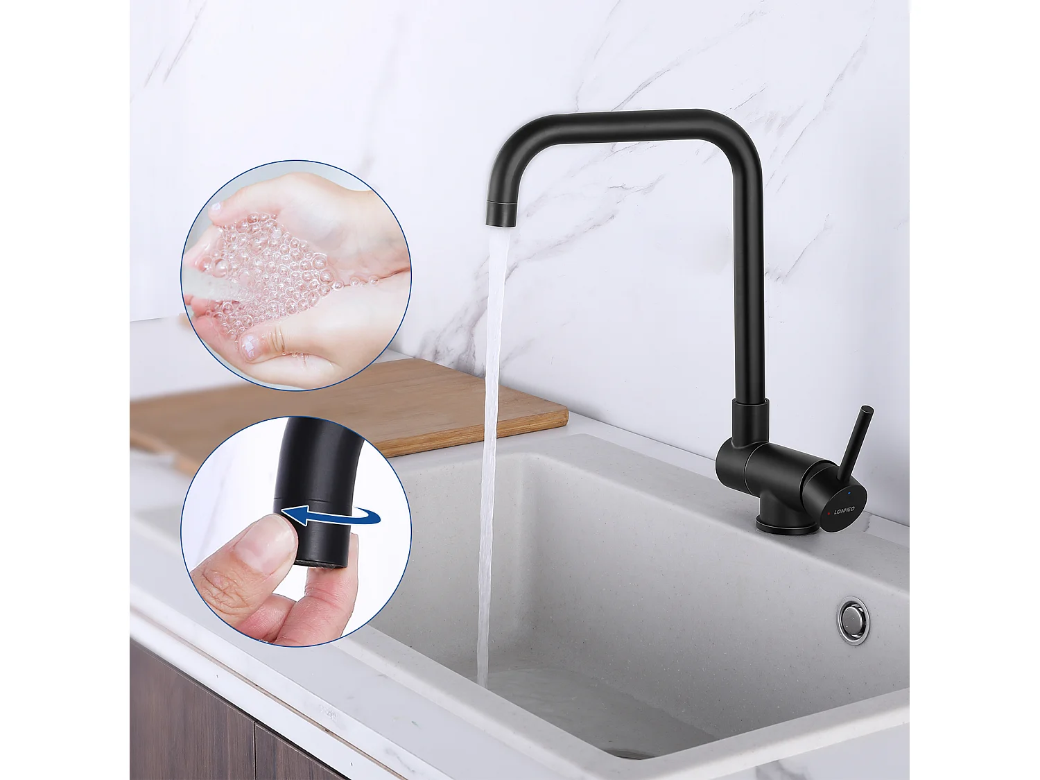 360 ° Drehbarer Pull-Down-Küchenhahn, Heiß-/Kaltwasser-Küchenmischbatterie 304 Edelstahl mit Abnehmbarem Bubbler Schwarz, EU-Modell