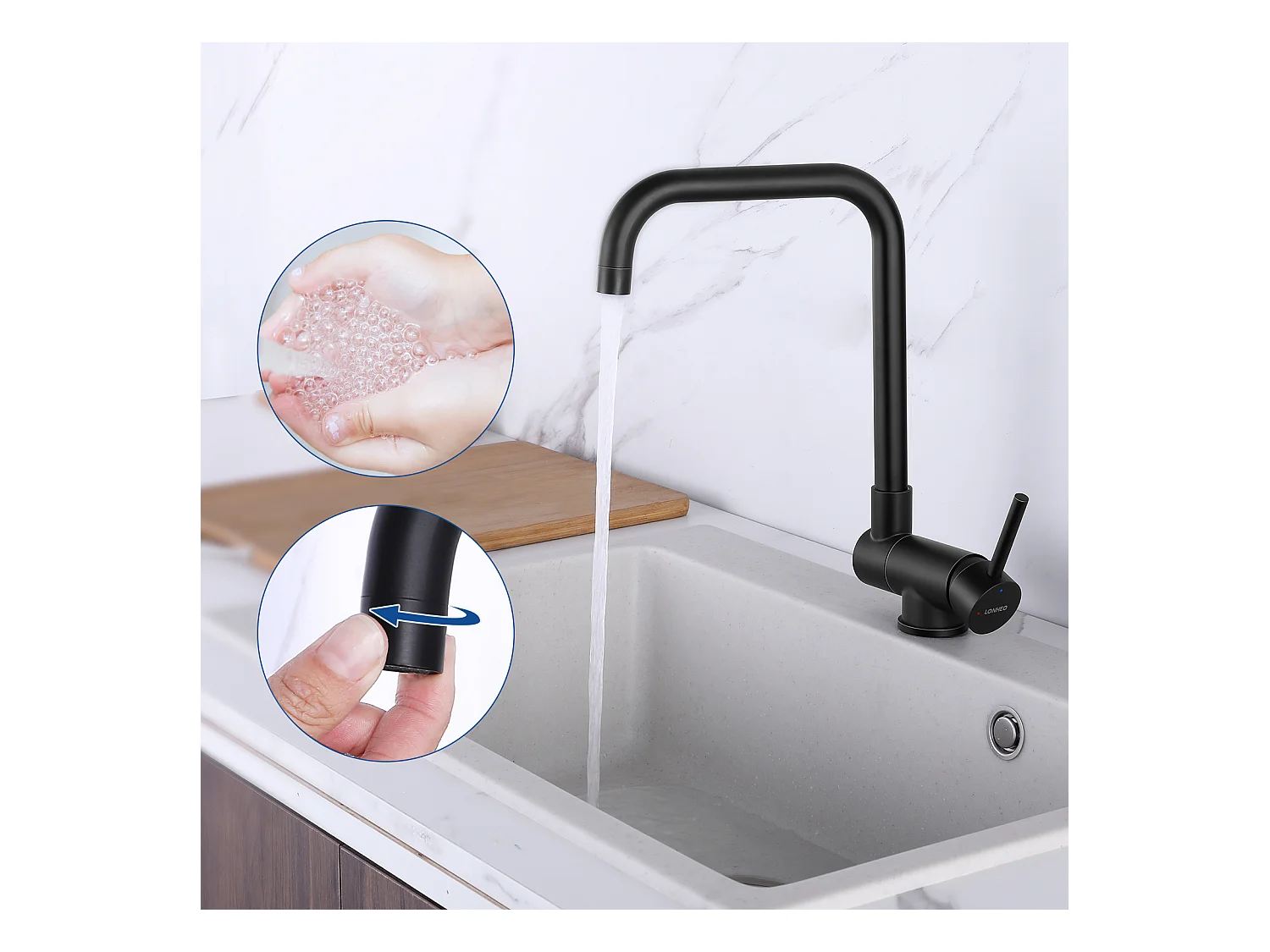 Lonheo Max Opklapbare Keukenmengkraan Zwart 360° Draaibaar, tegen Raam, 304 Roestvrij Staal met Afneembare Bradder, Warm Koud Water, EU Model