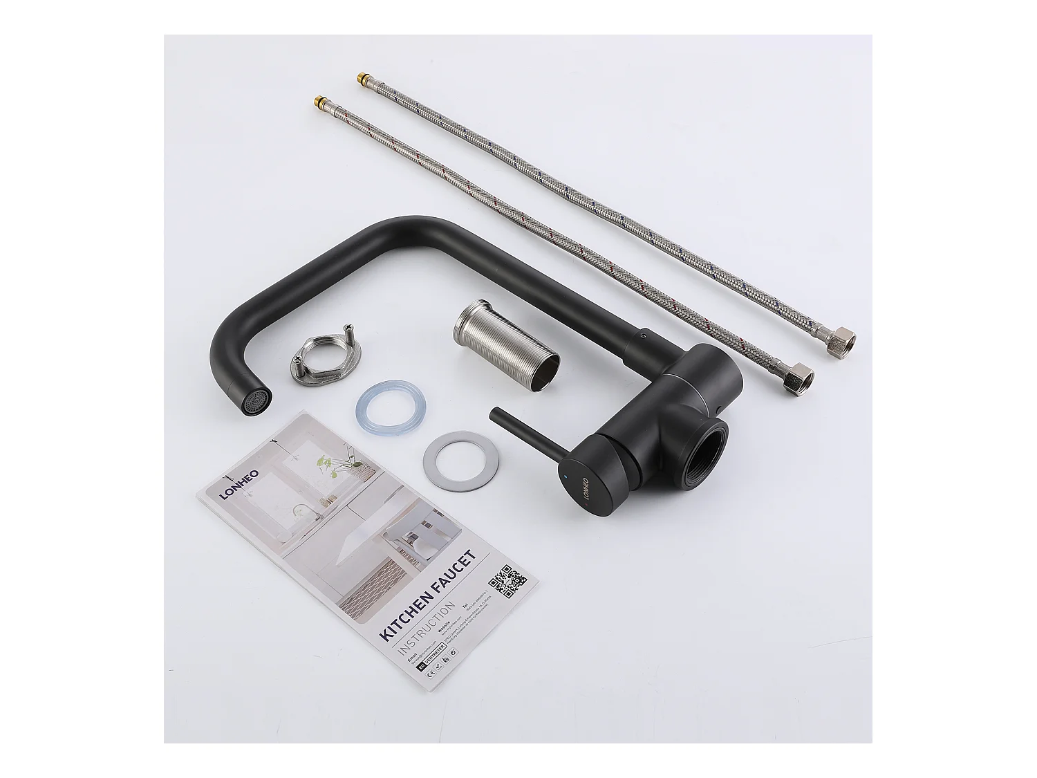 Lonheo Max Opklapbare Keukenmengkraan Zwart 360° Draaibaar, tegen Raam, 304 Roestvrij Staal met Afneembare Bradder, Warm Koud Water, EU Model