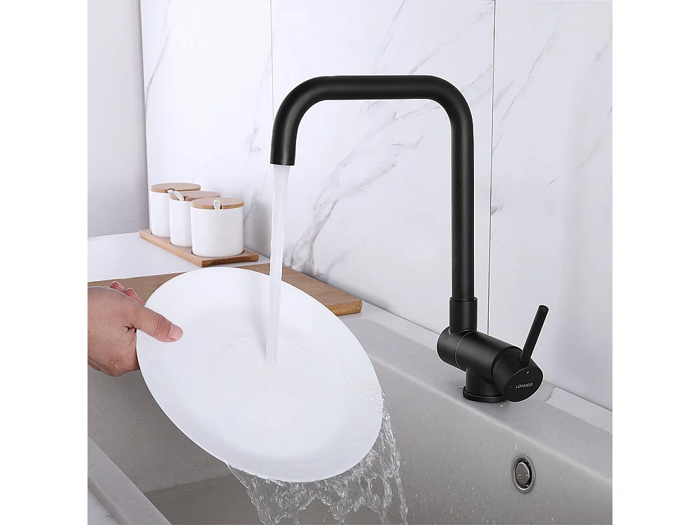 Lonheo Max Opklapbare Keukenmengkraan Zwart 360° Draaibaar, tegen Raam, 304 Roestvrij Staal met Afneembare Bradder, Warm Koud Water, EU Model