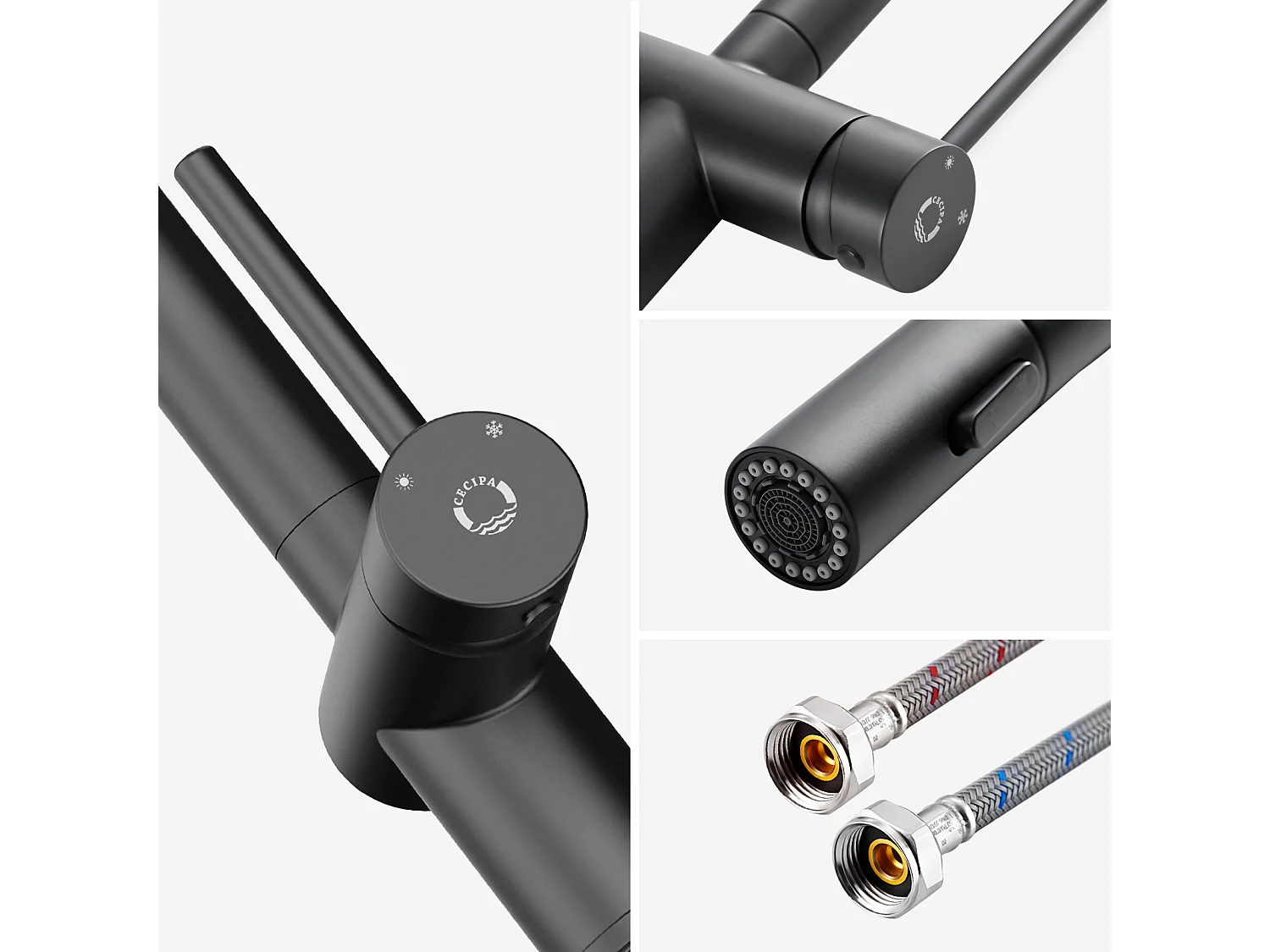 Cecipa max Noir Mitigeur de Cuisine avec Douchette Extractible Robinet en Acier Inoxydable Cuisine d'Évier 2 Modes de Sortie D'eau,EU Modèle