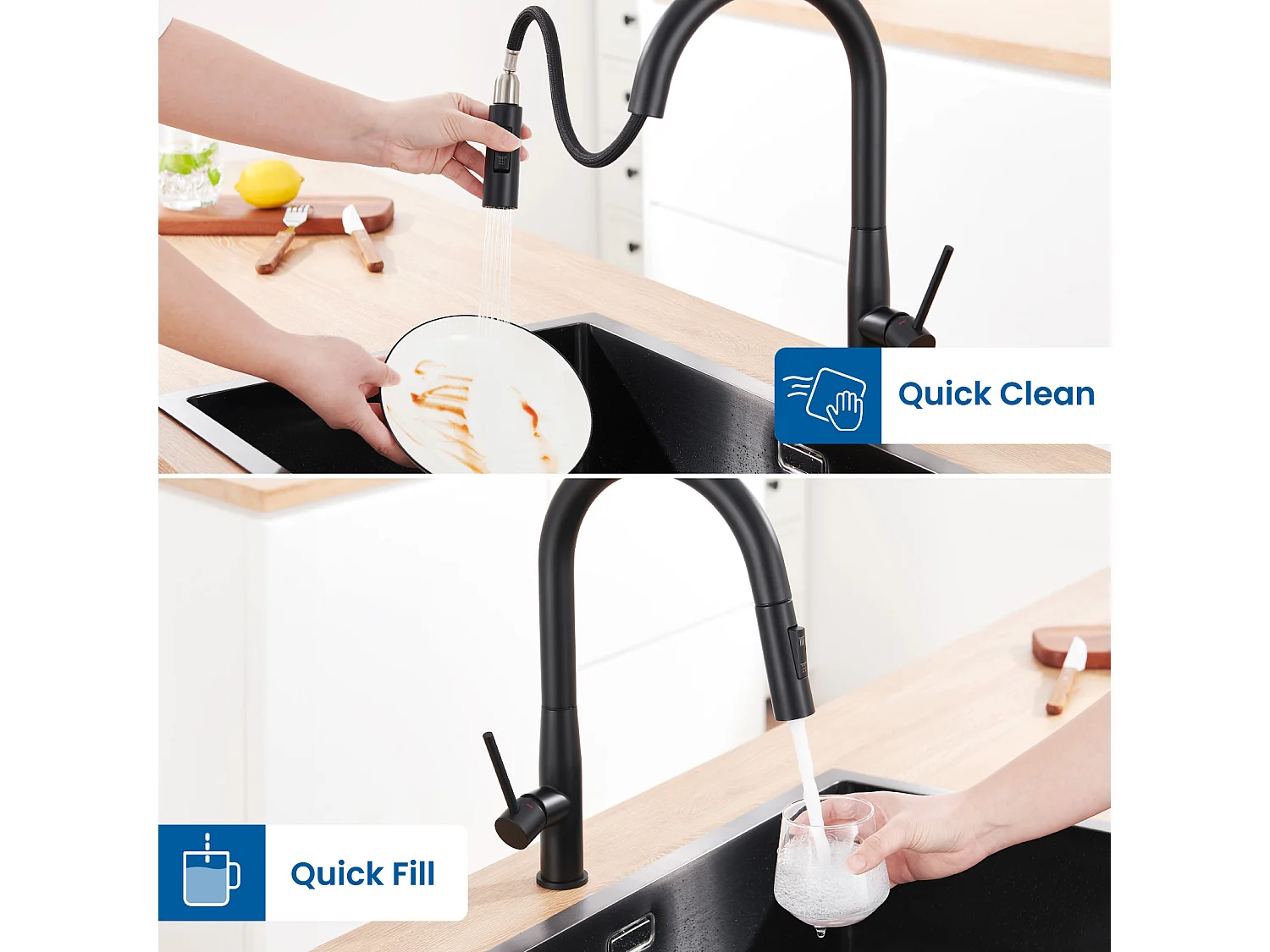 Robinet Cuisine Douchette,Mitigeur Cuisine avec Douchette, Robinetterie Cuisine avec Douchette Extractible Rotatif 360° Eau Froide/Chaude,Noir